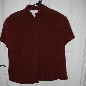Rena Rowan  100% silk short sleeve blouse; cranberry; princess seam. Sz. 8.